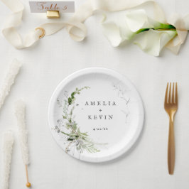 Elegant Earthy Greenery Personalisiert Names Date Pappteller