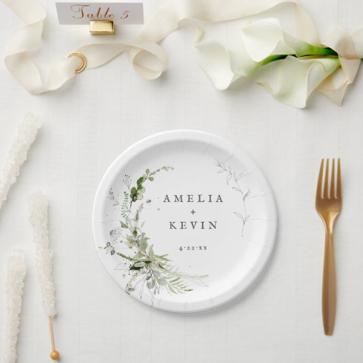 Elegant Earthy Greenery Personalisiert Names Date Pappteller (Hochzeit)