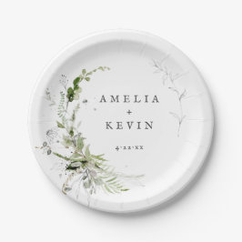 Elegant Earthy Greenery Personalisiert Names Date Pappteller