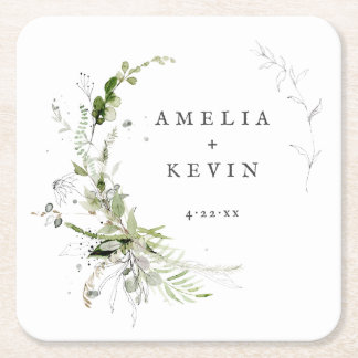 Elegant Earthy Greenery Personalisiert Names Date Rechteckiger Pappuntersetzer