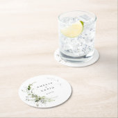 Elegant Earthy Greenery Personalisiert Names Date Runder Pappuntersetzer (Vor Ort)