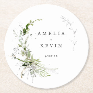 Elegant Earthy Greenery Personalisiert Names Date Runder Pappuntersetzer