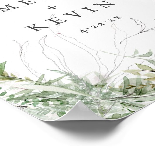 Elegant Earthy Greenery Watercolor Names Wedding Poster (Ecke)