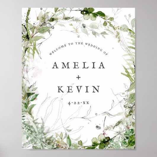 Elegant Earthy Greenery Watercolor Names Wedding Poster (Vorne)