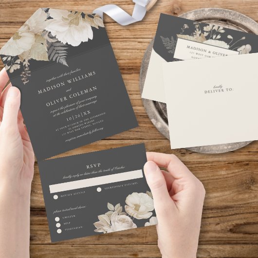 Elegant Earthy Moody Botanical Floral Wedding All In One Einladung