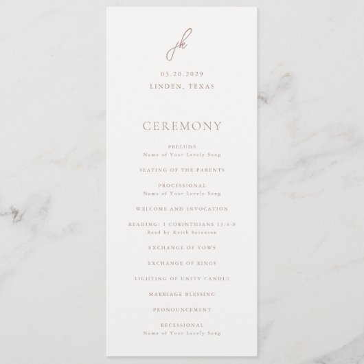 Elegant Earthy Neutral Script Monogram Wedding Programm (Vorderseite)