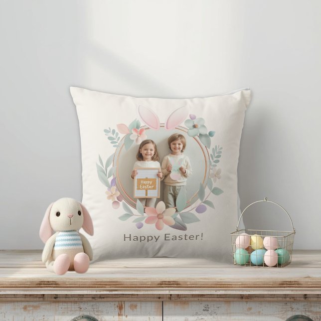 Elegant Easter Photo Pillow | Bunny Wreath Design Kissen (Von Creator hochgeladen)