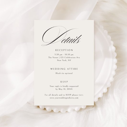 Elegant Ecru Black Calligraphy Wedding Details Begleitkarte