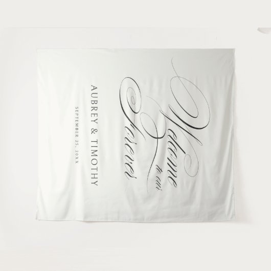 Elegant Ecru Black Calligraphy Wedding Welcome Wandteppich (Vorderseite (Horizontal))