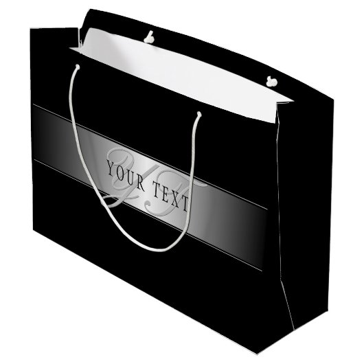 Elegant Editable Monogram Script Writing | Schwarz Große Geschenktüte (Rückseite Schrägansicht)
