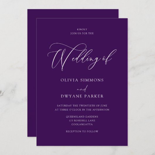 Elegant Eggplant Plum Moderne Hochzeit Einladung (Vorne/Hinten)