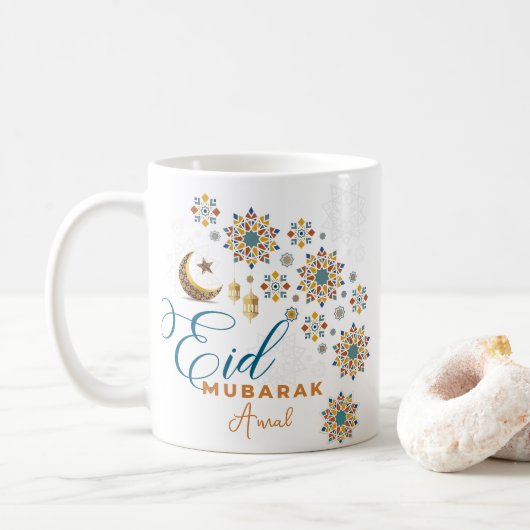 Elegant Eid Mubarak Arabic Calligraphy Moon Stars Kaffeetasse (Mit Donut)
