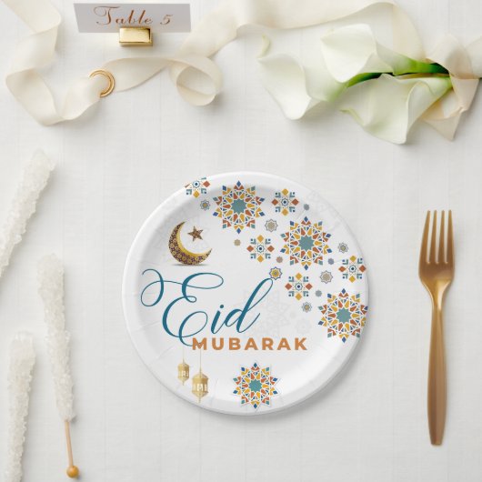 Elegant Eid Mubarak Arabic Calligraphy Moon Stars Pappteller (Hochzeit)