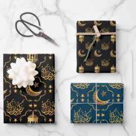 Elegant Eid Mubarak Calligrafy Gold schwarz blau Geschenkpapier Set
