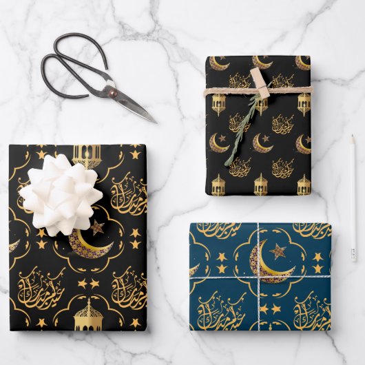 Elegant Eid Mubarak Calligrafy Gold schwarz blau Geschenkpapier Set (Vorderseite)