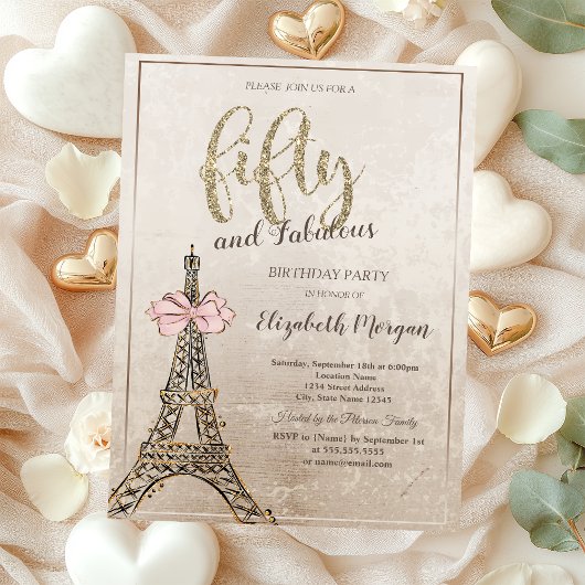 Elegant Eiffel Tower Bow 50th Birthday Einladung