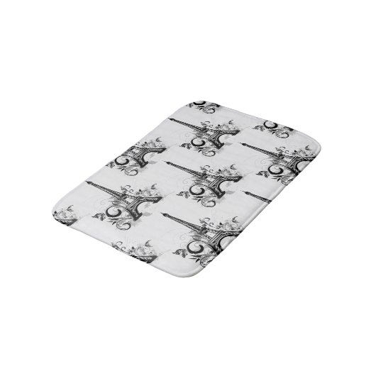 Elegant Eiffel Tower Paris Schwarz-weiß Geblüht Badematte (Schrägansicht)