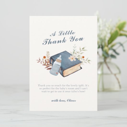 Elegant ein neues Kapitel Buch Flasche Baby Dusche Dankeskarte (Stehend Vorderseite)
