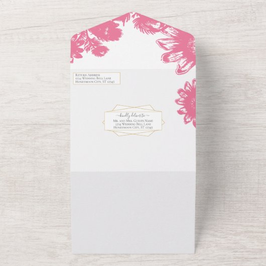 Elegant, einfach, blumenrosa und weiße Sonnenblume All In One Einladung (Außenbereich)