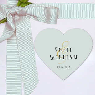 Elegant einfache Hochzeitnamen Datum grüne Aufkleb Herz-Aufkleber