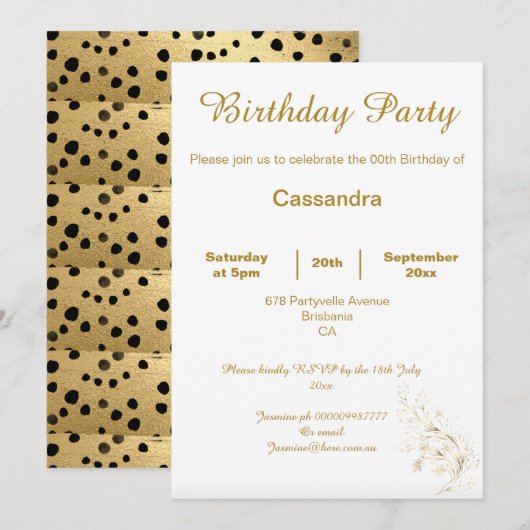 ELEGANT EINFACHER GOLD SCHWARZER LEOPARD GEBURTSTA EINLADUNG (Vorne/Hinten)