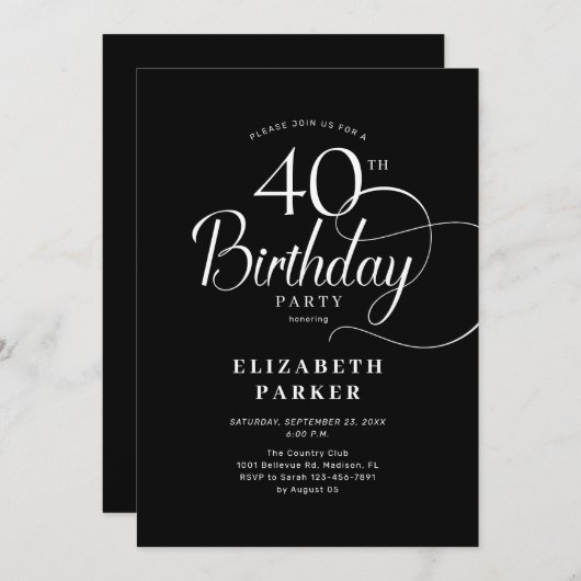 Elegant Einfaches Schwarz-weißes Skript 40. Geburt Einladung (Vorne/Hinten)