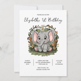 Elegant Elephant 1. Geburtstag digital Einladung