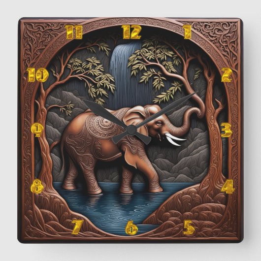 Elegant Elephant Amidst Ruhe Wasserfall Szene Quadratische Wanduhr (Vorderseite)