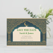 Elegant Emerald and Gold Arch Save the Date  (Stehend Vorderseite)