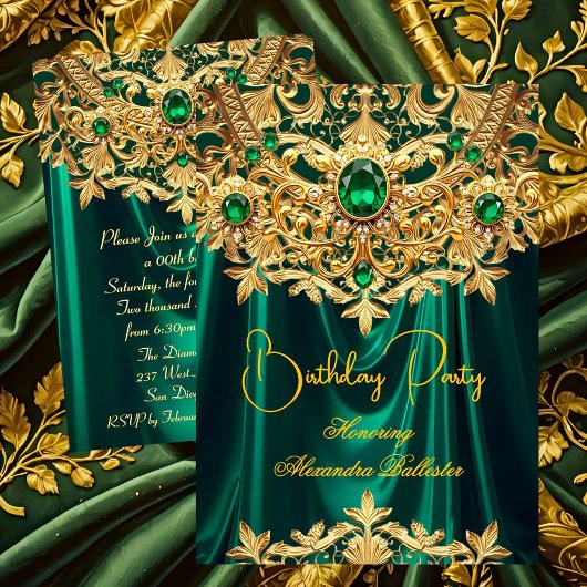 Elegant Emerald gems Gold Lace Damask Birthday Einladung