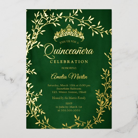 Elegant Emerald Gold Leaf Wreath Quinceanera Folieneinladung (Vorderseite)