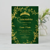 Elegant Emerald Gold Leaf Wreath Quinceanera Folieneinladung (Stehend vorne)