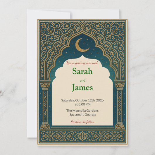 Elegant Emerald & Gold Ornate Arch Wedding Invitat Einladung (Vorderseite)
