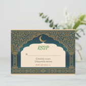 Elegant Emerald & Gold Ornate Arch Wedding RSVP (Stehend Vorderseite)