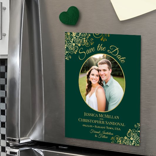 Elegant Emerald & Gold Wedding Save the Date Photo Magneteinladung