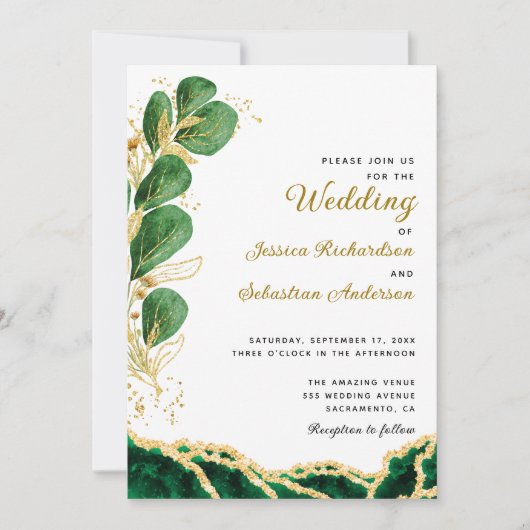 Elegant Emerald Green Agate Eucalyptus Wedding Einladung (Vorderseite)