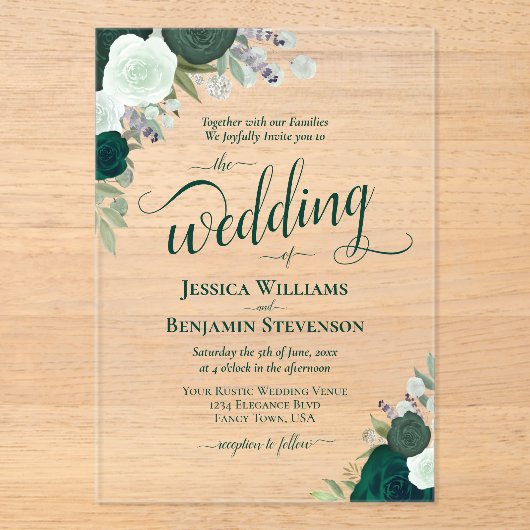 Elegant Emerald Green Boho Rose Extravagant Weddin Acryleinladungen (Vorderseite)