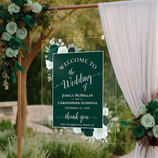 Elegant Emerald Green Boho Roses Wedding Welcome Acrylschild