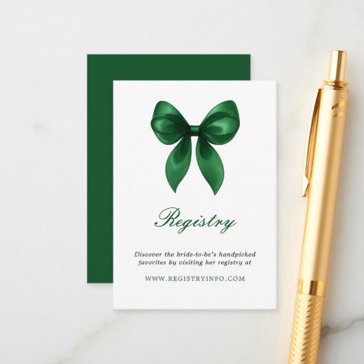 Elegant Emerald Green Bow Bridal Shower Registry Begleitkarte (Vorderseite/Rückseite Beispiel)