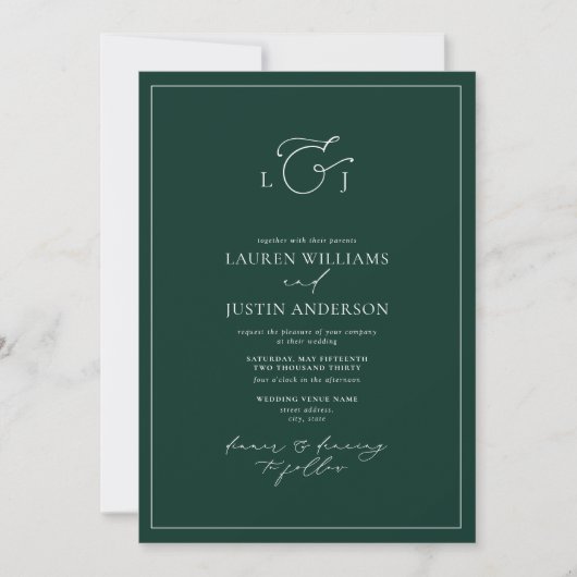Elegant Emerald Green Calligraphy Monogram Wedding Einladung (Vorderseite)