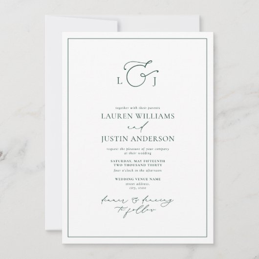 Elegant Emerald Green Calligraphy Monogram Wedding Einladung (Vorderseite)
