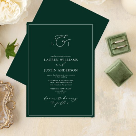 Elegant Emerald Green Calligraphy Monogram Wedding Einladung