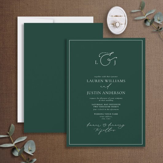 Elegant Emerald Green Calligraphy Monogram Wedding Einladung