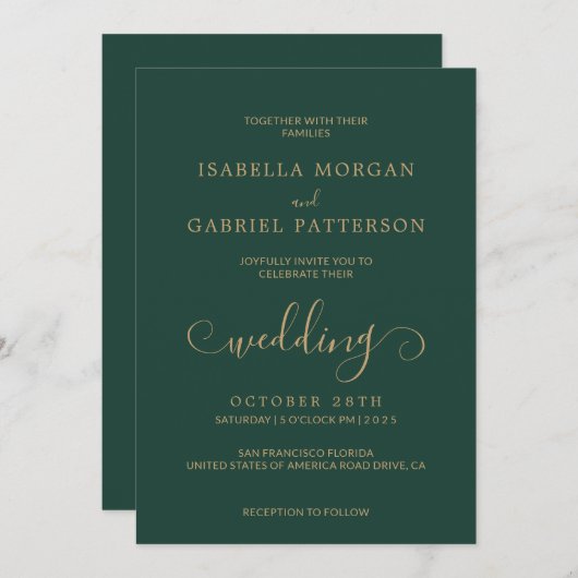 Elegant Emerald Green Calligraphy Script Wedding Einladung (Vorne/Hinten)