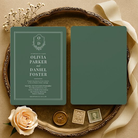 Elegant Emerald Green Crest Wedding Einladung