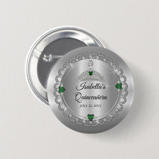 Elegant Emerald Green | Diamond Crown Quinceañera Button (Vorne & Hinten)