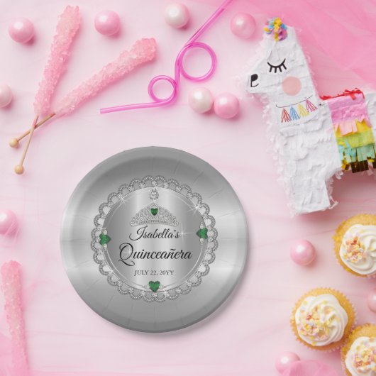 Elegant Emerald Green | Diamond Crown Quinceañera Pappteller (Party)