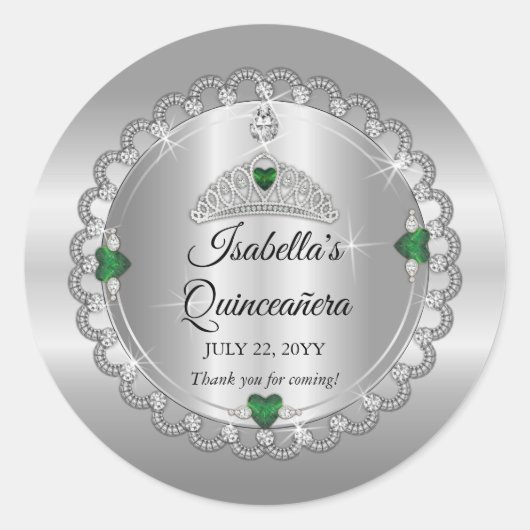 Elegant Emerald Green | Diamond Crown Quinceañera Runder Aufkleber (Vorderseite)