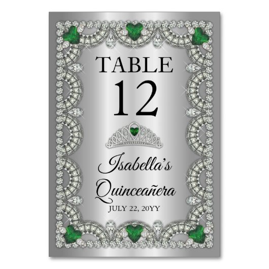 Elegant Emerald Green | Diamond Crown Quinceañera Tischnummer (Vorderseite)