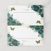 Elegant Emerald Green Floral Butterflies Wedding  Platzkarte (Außenseite Aufgefaltet)